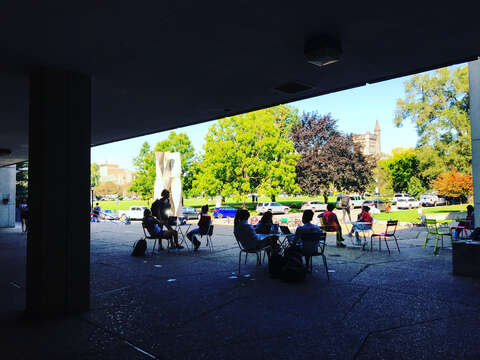 Patio with students, Medical Sciences Building